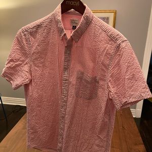J crew red and white seersucker short sleeve button down summer shirt